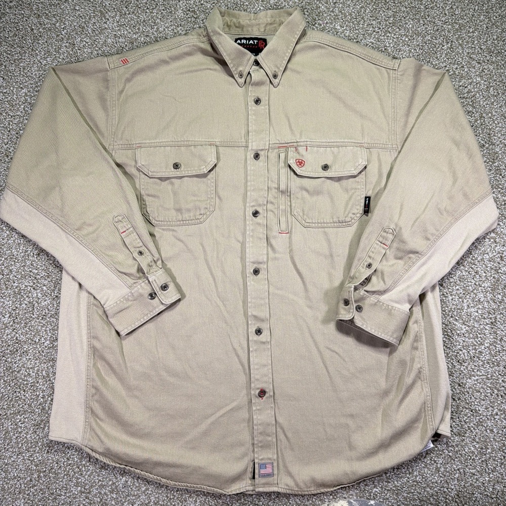 Ariat FR Shirt Mens XXL Beige Tan Long Sleeve Flame Resistant CAT 2 NFPA 2112